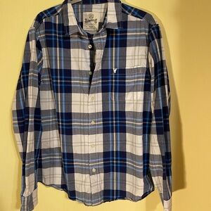 Men's Blue and White Plaid Button-Down Shirt